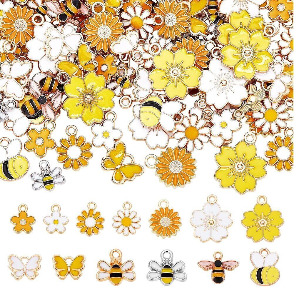 8701 130 Pcs 13 Styles Flower Bee Butterfly Enamel Pendant, White Yellow